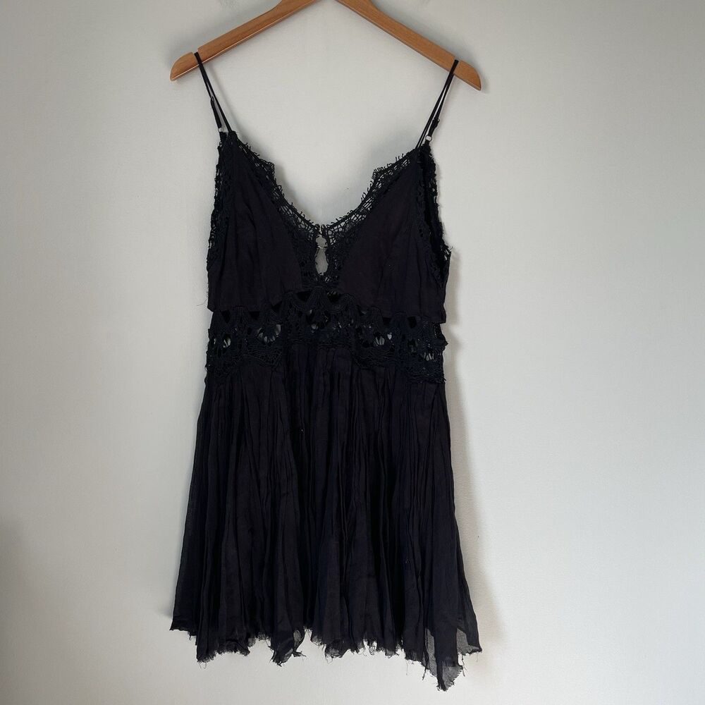 Free People One Black Slip Boho Mini Dress Lace Strappy Raw Hem Black Size Med.